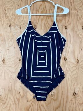 Seafolly Castaway Stripe One Piece Swimsuit Navy White Size 12 Deep V Halter